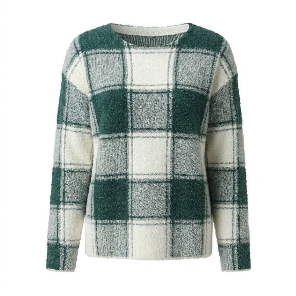 Tahari Crewneck Plaid Sweater Greens/White Sz XS NWT